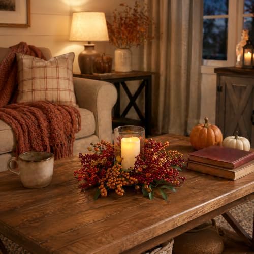 15" Fall Berry Candle Ring Centerpiece with Glass Hurricane Holder - Image 5