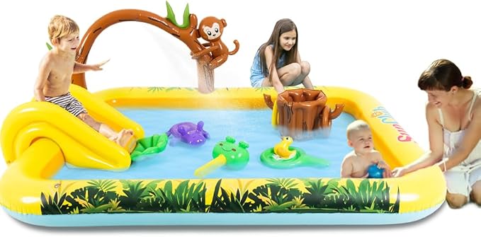 Animal Kids Pool with Slide and Sprinkler, Inflatable Play Center with Toy | Toddler Pool with Water Slide,Blow Up Kiddie Pool for Garden & Backyard,85" x 66" x 33.5"