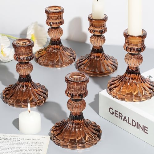 12PCS Amber Candlestick Holders Set- 4" H Taper Candle Holders, Glass Candle Holders Bulk for Wedding, Party, Fall Home Table Centerpieces, Festival Gifts & Windowsill Decor by DARJEN