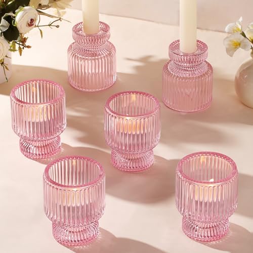 DARJEN 6 Pcs Pink Candlestick Holders - Glass Taper Candle Holders Tealight Votive Candle Holders for Table Centerpieces, Wedding, Dinner Party, Home, Gifts by DARJEN