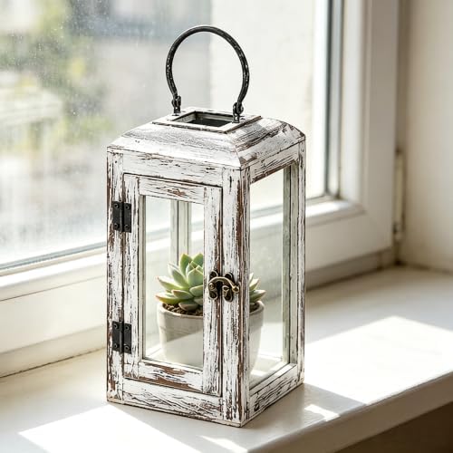 11" High Wooden Lantern Made of Solid Firwood in Whitwash with Metal Handle,Hurricane Lantern, Farmhouse Lantern for Party, Deck, Front Porch - Image 5