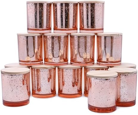 SHOWIN 10 OZ Thick Candle Jars for Making Candles 15 Pcs, Empty Jars with Wood Lids for Candle Making, Sample Container, Rose Gold by Showin