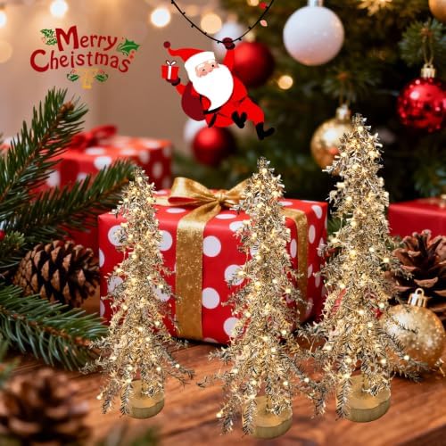 3 Pcs Mini Christmas Tree with Lights, Artificial Bottle Brush Trees with Wooden Bases Christmas Table Decor Small Trees with LED Light String for Decorations，Yellow - Image 6