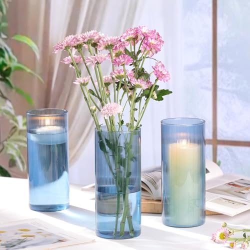 Glass Cylinder Vases, Blue, 8 Inch Tall, Set of 3 - Image 3