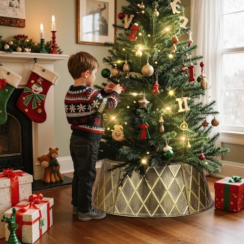 Lanpn Metal Christmas Tree Collar 36 inch, Christmas Tree Ring Collar for Large L Xmas Stand Cover Real Artificial Trees Indoor Outdoor Decoration (Gold, Diamond) - Image 4