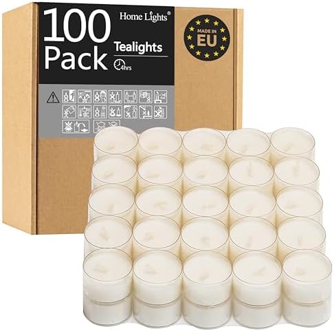 Home Lights Tealight Candles, Giant 100,200,300 Bulk Packs, White Unscented European Smokeless Clear Cup Tea Lights for Shabbat, Weddings, Christmas, Home Decorative- 100 Pack by HomeLights