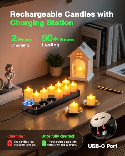 SoulBay Flameless Candles with Remote Timer & Charging Base, 12pcs USB Rechargeable Battery Flickering LED Small Votives Lights for Table Dinner Weddings Holidays General Decor, No Battery Required - Image 2