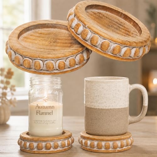 Candle Pedestal [Set of 2] Round Rustic Wood Beaded Risers - Sturdy 2-Sided Stackable Decor Pedestal Stands for Tiered Tray, Candle, Mug Display, Risers Display Stands (Rustic Brown, 5 inch) by FeltCreativeHomeGoods