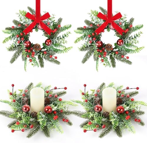 4 Pcs Christmas Candle Rings Wreaths Artificial Snowy Pine Cedar Red Berry Clusters Candle Rings Wreaths Mini Christmas Balls Wreath for Xmas Winter Front Door Window Decorations ﻿ by Unknown