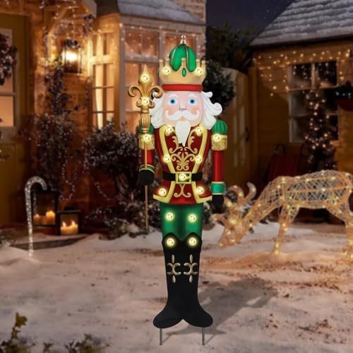 Afirst Christmas Yard Stakes Lighted Up Metal Christmas Yard Decorations LED King Nutcracker with Crown Scepter Lighted Stakes Outdoor Xmas Stake Lawn Pathway Outdoor Decoration by Afirst