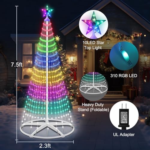 7.5FT Smart LED Christmas Cone Tree Lights, Lighted Outdoor Christmas Tree with Timer Remote & APP Control, DIY RGB Color Changing Light Show with Music Sync for Indoor Outside Xmas Decorations - Image 2
