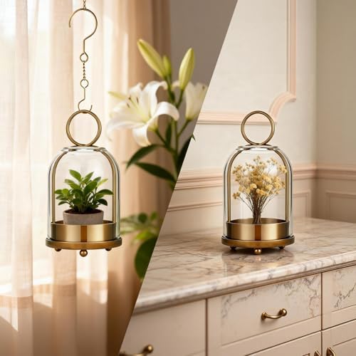 5"&4" Hurricane Glass Candle Holders, Hanging Brass Metal Candle Holder - Image 5