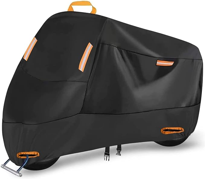 SECELES 300D Heavy Duty Motorcycle Cover Fits up to 86" Yamaha | All Season Durable Scooter Cover,4 Reflective Strips,Lock-Holes,Windproof Buckles,for Cruiser Sportbike Dirt Bike,86"x37"x50"