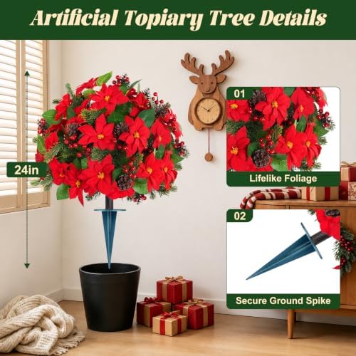 2PCS Poinsettia Pine Cone Topiary Trees with Spike Christmas Decor - Image 2