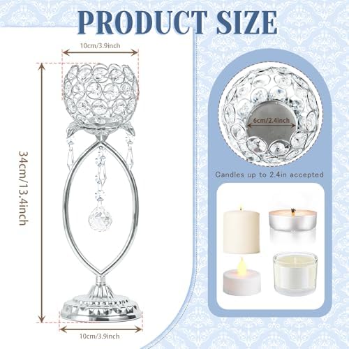 2 Pcs Silver Elegant Metal Crystal Tea Light Candle Holders with Crystal Pendants, Hollow Design - Wedding Table Centerpieces for Anniversary Birthday Party, Home Decor - Image 2
