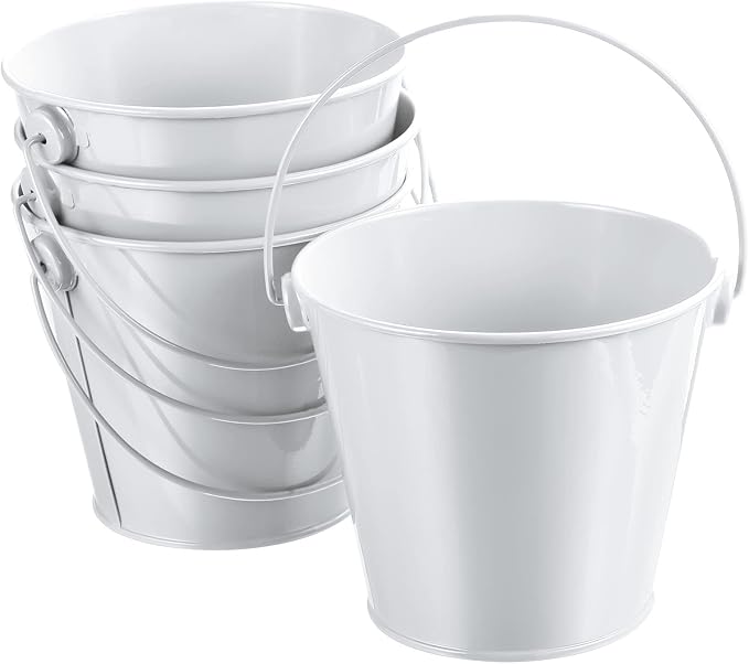 PATIKIL 4.7 Inch Colored Metal Buckets, 4 Pack Pencil Holder Buckets Round Metal Planter Pails Container with Handles for Classroom Crafts, White