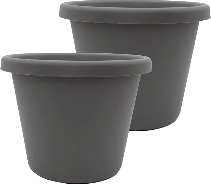 The HC Companies 15.5 Inch Classic Round Planter Pots with Drainage, Rolled Rim Plastic Planters for Indoor & Outdoor Plants, 2-Pack Decorative Flower Pots for Garden, Office & Home Decor, Warm Gray
