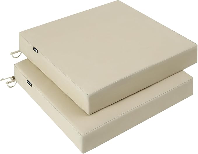 Favoyard Patio Chair Square Cushions Set of 2, Beige, 24 x 24 x 4 inches | 5-Year Fade-resistant & Water-resistant Memory Foam Pad with Removable Cover & Ties for Outdoor Furniture Dining Chairs Seat