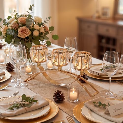 3 Arms Crystal Candle Holders, Arch Candlestick Table Candelabras Centerpieces for Wedding, Dinning Room, Cabinet Ornaments, Home Decoration， Gift (3-arm Arched, Gold) - Image 3