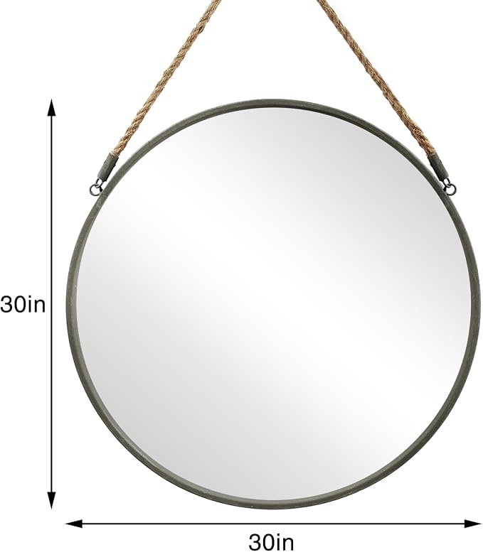 POZINO 30 Inch Large Round Hanging Mirror with Grey Metal Frame | Circle HD Mirror with Jute Rope, Anti-Rust, Farmhouse Decorative Wall Mirror for Entryway, Living Room, Fireplace, Bathroom