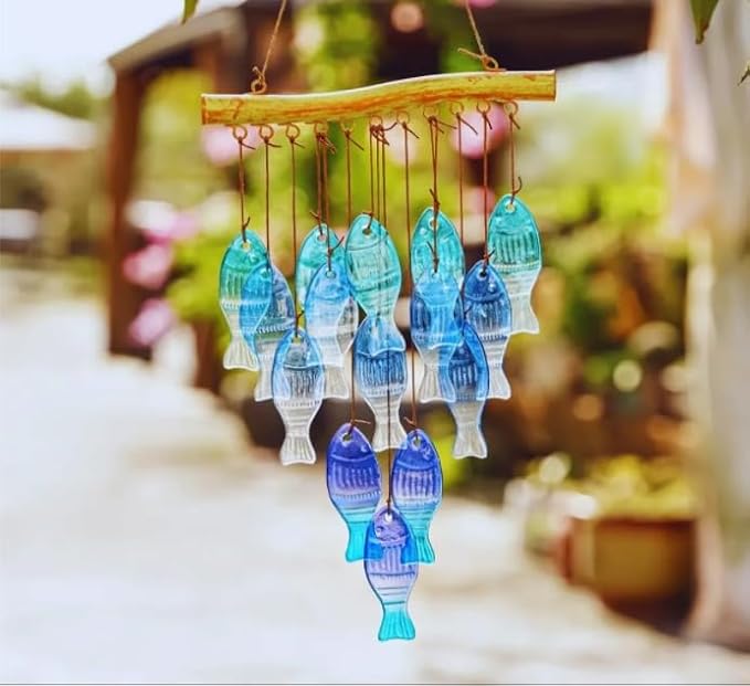 Glass Fish Wind Chimes for Outside/Inside - Handcrafted Stained Glass and Iron Decorative Sea Glass Windchime - Unique Bohemian Coastal Decor for Garden, Patio, Porch - Sympathy Gift (Blue Fish)