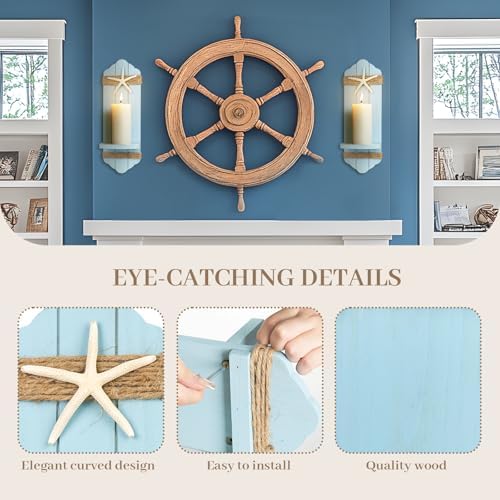 Wall Candle Sconces Set of Two,Beach Starfish Blue Wood Wall Candle Holder Decor, Farmhouse Wooden Candle Holder Wall Decorations for Fireplace, Hallway, Living Room, Bedroom - Image 3