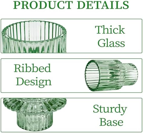 Candlestick Holders Set of 6, Ribbed Glass Taper Candle Holders, Reversible Green Tealight & Candle Stick Candle Holder Vintage Crystal Tapered Candlestick for Wedding Dinner Party Festival - Image 5