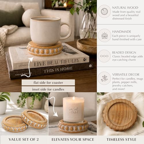 Candle Pedestal [Set of 2] Round Rustic Wood Beaded Risers - Sturdy 2-Sided Stackable Decor Pedestal Stands for Tiered Tray, Candle, Mug Display, Risers Display Stands (Rustic Brown, 5 inch) - Image 3