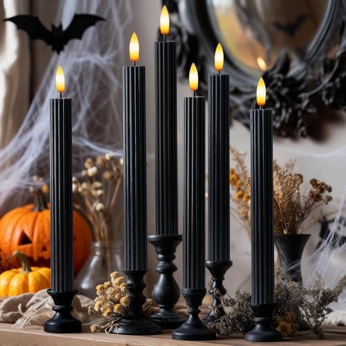 6 Pack, 10" LED Flameless Real Wax Black Fluted Ribbed Grooved Taper Candles, Remote & 24h Timer Memory, On/Off Button, Dimmable, Flicker Mode, Battery Operated, Wedding by WestIvory