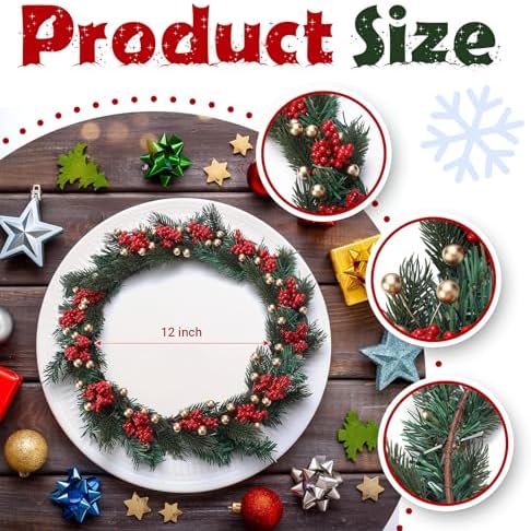 Daifunli 2 Pcs Christmas Gold Ball Red Berry Pine Needle Candle Ring Artificial Berry Bell Wreaths for Pillar 12 Inch Candle Holder for Winter Christmas Country Wedding Kitchen Table Centerpiece Decor - Image 2