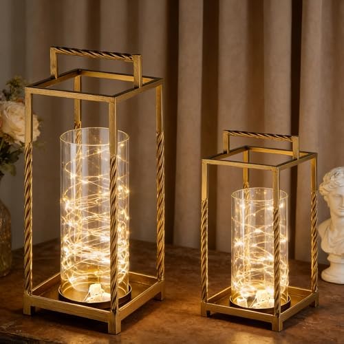 Set 2 Modern Metal Lantern with Twisted Rope-style Frame In Antique Brass with Glass Hurricane For Pillar, String Light. Centerpiece, Mantel, Ambient Lighting, Farmhouse, Transitional, Patio, Entryway - Image 5