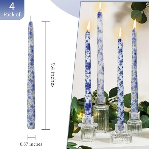 10 inche Floral Candle Sticks Printed Candlestick 4 Pack Blue and White Porcelain Unscented Taper Candle Long Blue Flower Tapered Candles for Home Dinner Wedding Holiday - Image 4