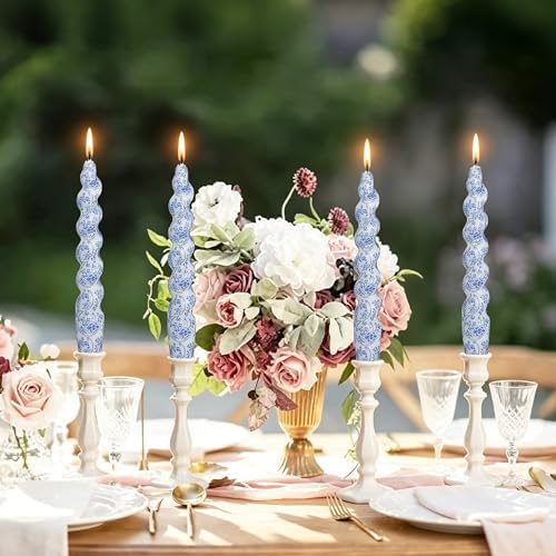 4 Pack Blue Floral Spiral Taper Candles - YUKCAXDLS Chinoiserie Unscented Candle 7.5Inch Flower Short Tapered Candlestick for Family Gatherings Weddings Restaurant Holiday Decorations - Image 2