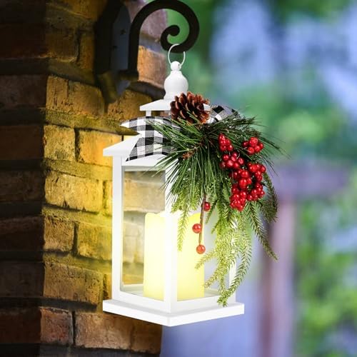 Metal Christmas Vintage Candle Lanterns with Remote Control and Led Light, Plaid Ribbon Decorative Hanging Lantern for Indoor Outdoor Porch Decorations Party Gift, White, WOKEISE - Image 5
