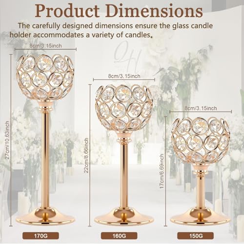 Candle Holder Candlestick Holders- 3Set Gold Crystal Pillar Candle Holders,Metal Candlestick Stands for Wedding Centerpieces,Table Decor for Church,Valentine's Day Housewarming Gift,9Pcs - Image 3