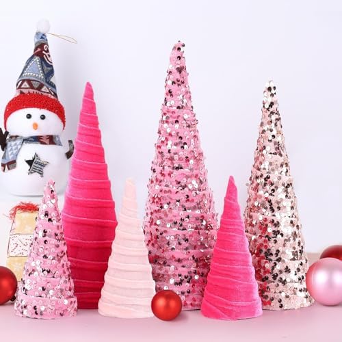 6 Pcs 12" 10" 6" Christmas Cone Tree Decorations Velvet Pink Christmas Glitter Table Decor Flocked Farmhouse Tiered Tray Ornament Xmas Tree for Home Holiday Entryway Tabletop Centerpiece Decor by Unknown