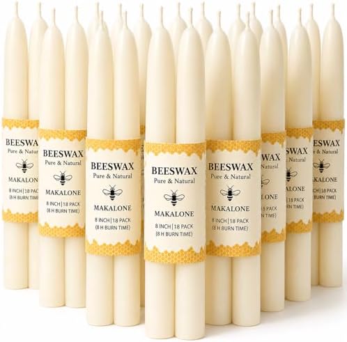 White Beeswax Taper Candles,Non-Toxic Bees Wax Candle for Home,8Inch,18Pack by MAKALONE