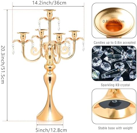 20.3'' Tall 5 Arm Candelabra Centerpiece for Table, Metal Elegant Candle Holder, Retro Candlestick Table Centerpieces for Party, Events, Home, Wedding Decor (4, Gold) - Image 2