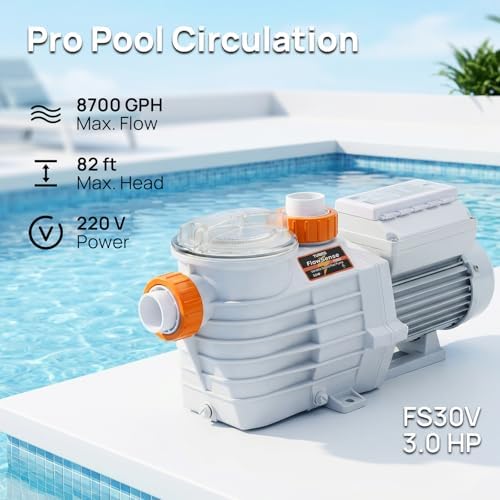 TURBRO 3.0 HP Variable Speed Swimming Pool Pump, 8,700 GPH | High Flow Self-Priming Pump for In/Above-Ground Pools, with Strainer Basket, 1.5” and 2.0” NPT Fittings, 220-240V, FS30V