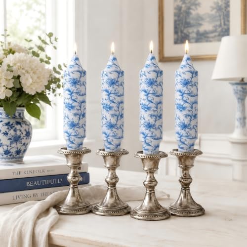 NJAO HOO Floral Taper Candles 5 Inch Short Candlesticks Hand Printed Blue and White Floral Candlesticks Unscented Tapered Candle Set for Spring Home Garden Decor, 4Pcs - Image 4
