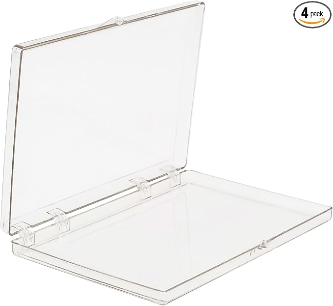 4-Pack Clear Hinged Plastic Containers, Keepsake Storage Boxes, 6" L x 4" W x 1/2" H, Made in USA, Plastic Display Case and Storage Containers