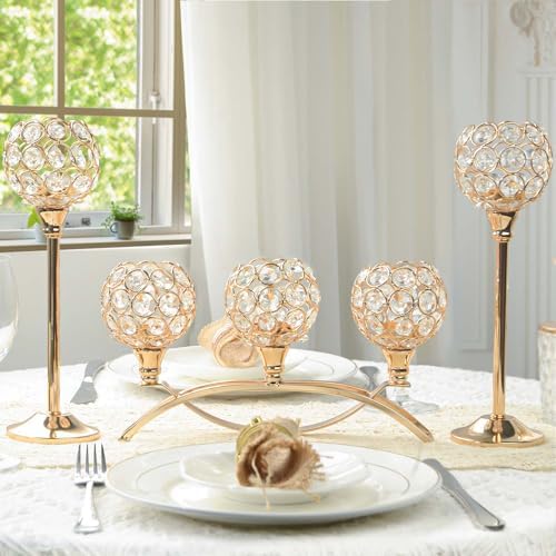 Crystal Tealight Candle Holder Centerpiece Home Decorative Candlestick Holder Elegant Table Centerpiece Home Decor Wedding Party Anniversary (Gold, Set of 3) - Image 2
