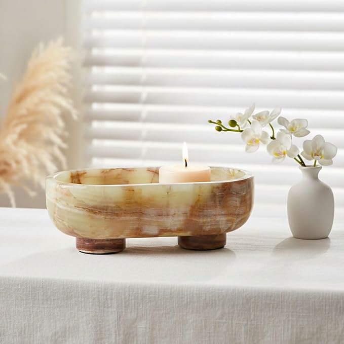Radicaln Marble Oval Bowl With Stand 10" Inches Green Handmade Fruit Bowl and Candy Dish, Ideal Candle Holder, Decorative and Key Bowl For Dining Table