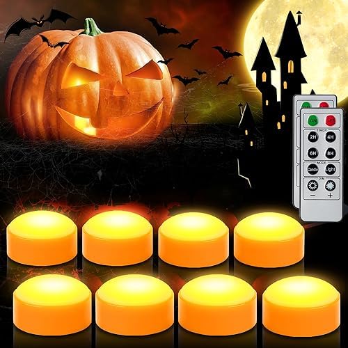 8 PCS Halloween Pumpkin LED Lights with Remote Timer Bright Flickering Battery Operated Jack-O-Lantern Electric Flameless Candles for Halloween Decorations Gift Supplies Orange Color by CANDLEIDEA