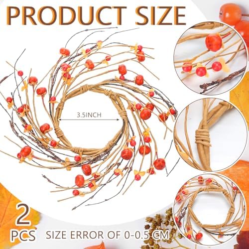 Daifunli 2 Pcs Fall Candle Rings Wreath for Pillar 3.5 Inch Bittersweet Pod | Vintage Autumn Candles Holder, Farmhouse Table Centerpiece, Mini Fall Cabinet Wreath, for Thanksgiving Autumn Kitchen Decor - Image 2