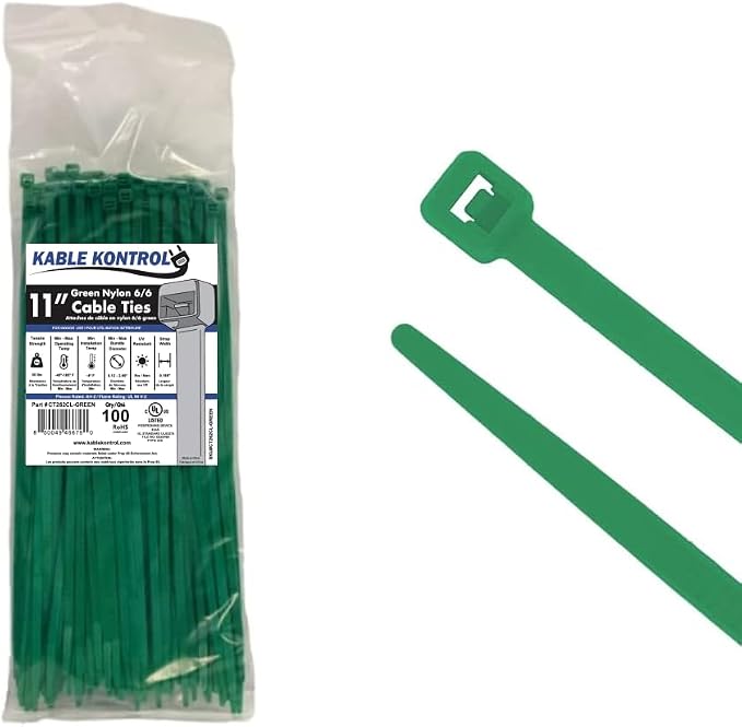 Kable Kontrol Green Zip Ties 11 Inch 100 Pcs, 50 Lbs Tensile Strength, Self-locking Nylon Colored Cable Ties Wire Wraps for Indoor or Outdoor Use