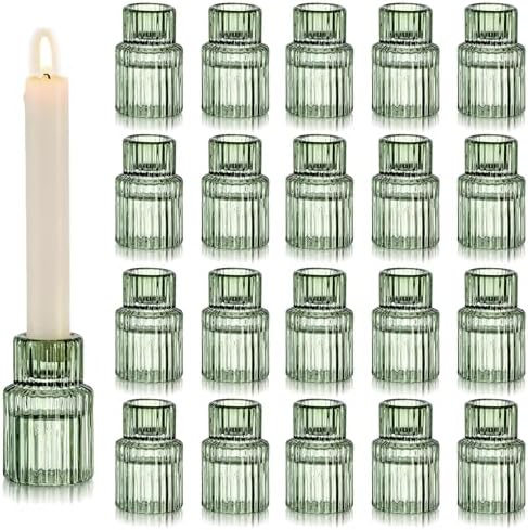 Hewory Taper Candle Holders Bulk, 20PCS Green Glass Candlestick Holders by Hewory