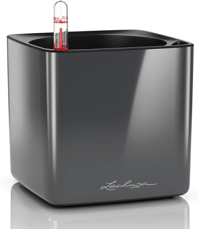 Lechuza Cube Glossy 14 Charcoal High Gloss, Self-Watering Indoor Small Plant Pot, H5.5 L5.5 W5.5 in