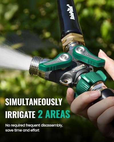RAINPOINT Garden Hose Splitter, 2 Way Heavy Duty Water Hose Y Spigot Splitter with Shutoff Valves, 100% Metal Body Outdoor Faucet Splitter, 1.9" Extra Long Metal Handle (1, Deep Green) - Image 4