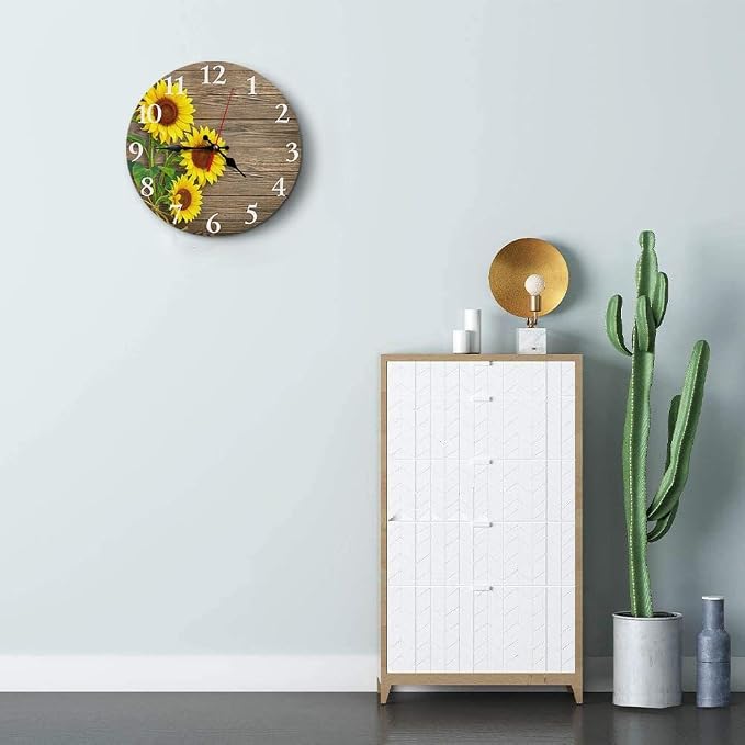 Britimes Round Wall Clock, Silent Non-Ticking Battery Operated Clock 10 Inch, Decor for Bathroom, Bedroom, Kitchen, Office or School Sunflowers Wooden
